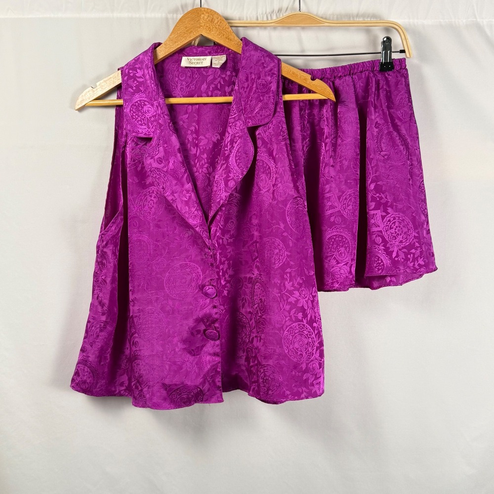 Vintage Victoria's Secret Gold Label Pajama Set Womens L Jacquard Satin 90s Y2K